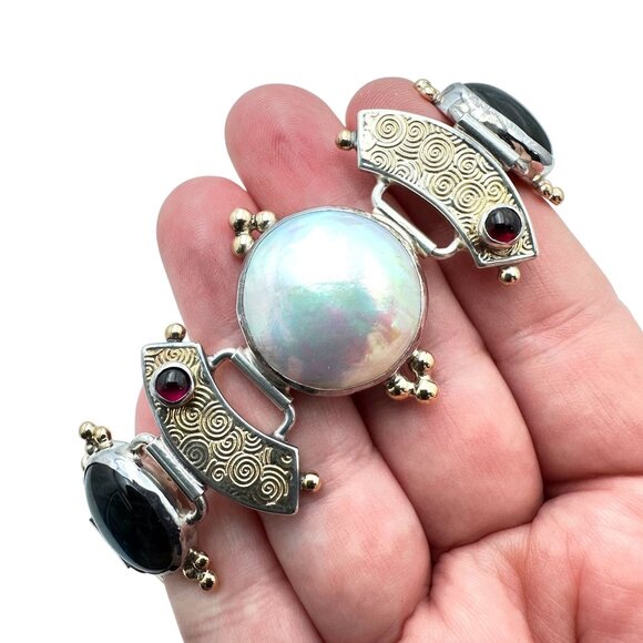 Rare Tricia Young 14K Gold Sterling Silver Pearl Garnet Bracelet - Picture 4 of 9